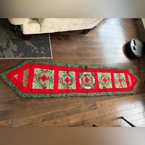 VTG Christmas hand made quilted Red & Green Table Runner 81” x16.5” wide